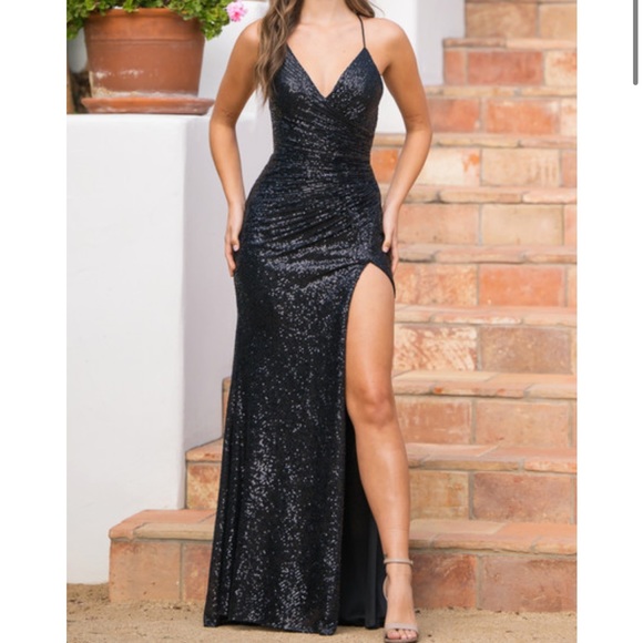 hot pink and black prom dress Wedtrend Women Sparkly Prom Dress With Slit Deep V-Neck Halter Black Sheath  Long Evening Dress – WEDTREND main image 0